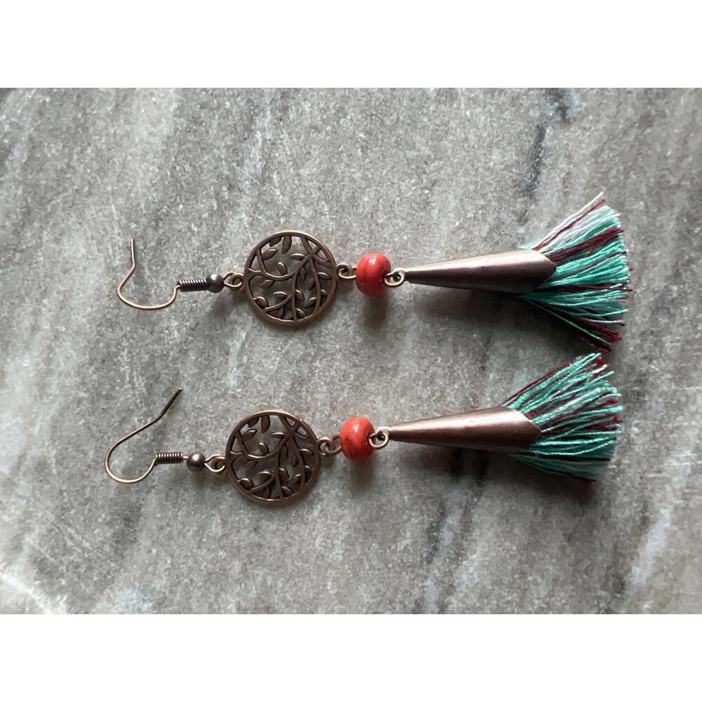 Bohemian Style Tassel Drop Earrings with Red Bead Accent